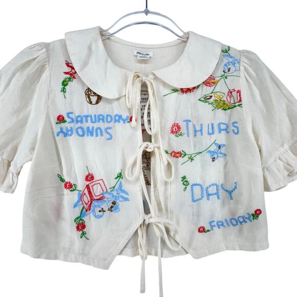 Urban Outfitters Kimchi Blue Embroidered Linen Cottagecore Crop Peter PanTop XS - Picture 3 of 8